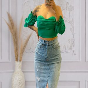 Emerald Satin Puff Sleeve Crop Top